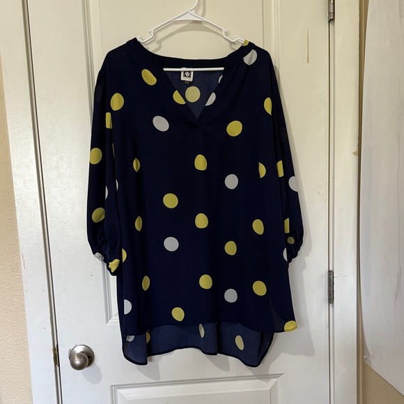 Anne Klein Navy Blouse with Yellow and White Dots - Picture 1 of 9